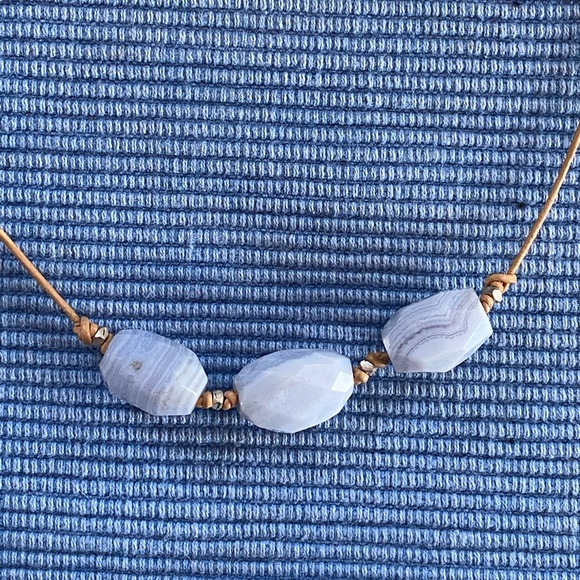 Necklace - 3 Periwinkle Blue Stones on Tan Cord - Picture 3 of 5